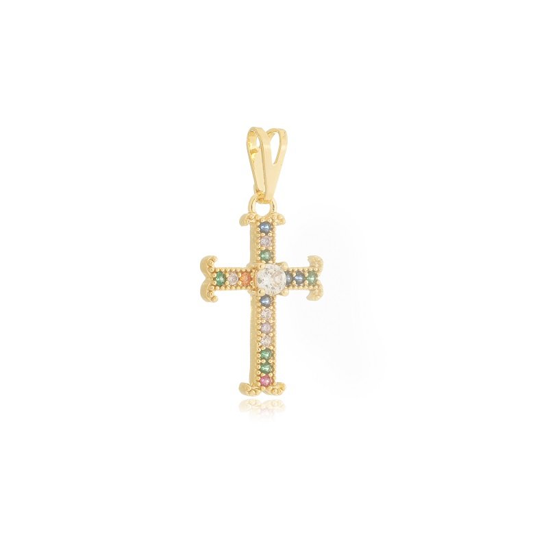 Pingente folheado a ouro, no formato de crucifixo cravejado com zircônias. Tamanho 2 cm + contra argola