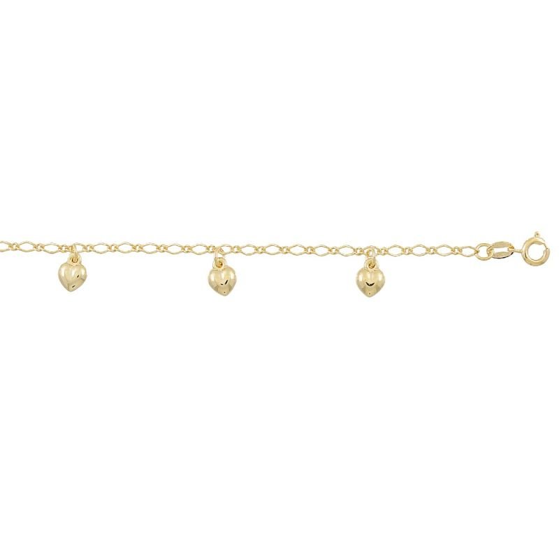 Pulseira infantil folheada à ouro, corrente com formato de coração espessura 2mm e pingentes de coração 8mm. Tamanho 14 cm
